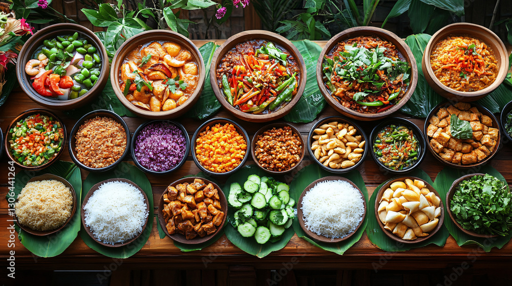 Fototapeta premium A vibrant display of various foods beautifully arranged on a table creating a perfect setting for a gathering