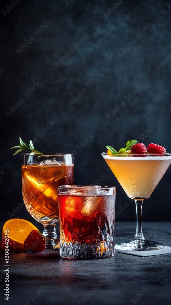 Fototapeta premium A stunning assortment of cocktails featuring a whiskey drink, a rich red cocktail, and a refreshing martini. Each glass glows against a dark backdrop, inviting enjoyment at a sophisticated gathering