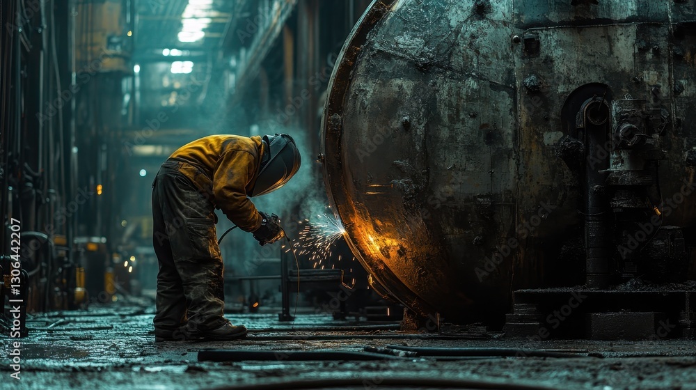 Industrial worker welding in factory with sparks and machinery Industrial worker welding in factory with sparks and machinery