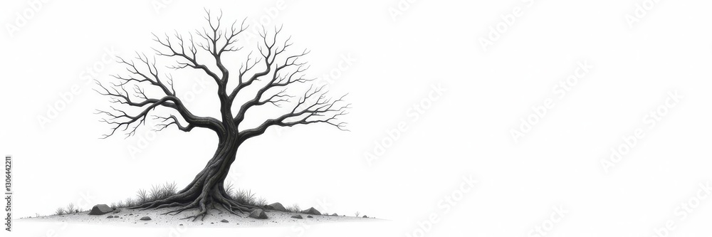 Fototapeta premium Black and white image of a single dead tree on pure white , monochrome, texture