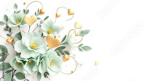 Elegant Mint Green Flowers Gold Hearts Romantic Floral Design