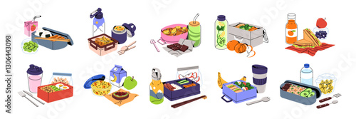 Set of lunchbox with food and bottles of drink. Meals in bento lunch boxes, plastic containers for picnic or kids eating at school. Takeaway snacks. Flat isolated vector illustrations on white