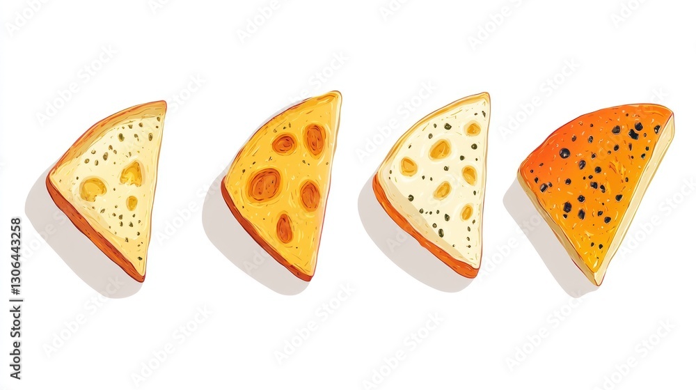 Assorted cheeses displayed in a neat row, casting a shadow, for food ads use Assorted cheeses displayed in a neat row, casting a shadow, for food ads use