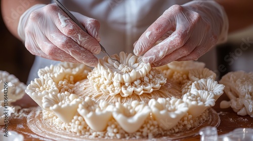 Intricate sugar sculpture carving by skilled baker's hands