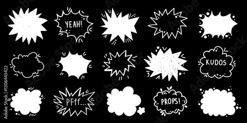 Speech black splash cute bubble cloud line art grunge scribble sketch set hand drawn in vector liquid graffiti blots with calligraphy lettering