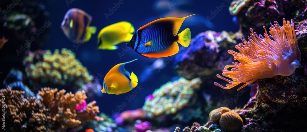 Obraz premium Vibrant coral reef with regal angelfish and yellow tangs swimming in a blue ocean Concept of marine life, underwater ecosystem, and tropical biodiversity