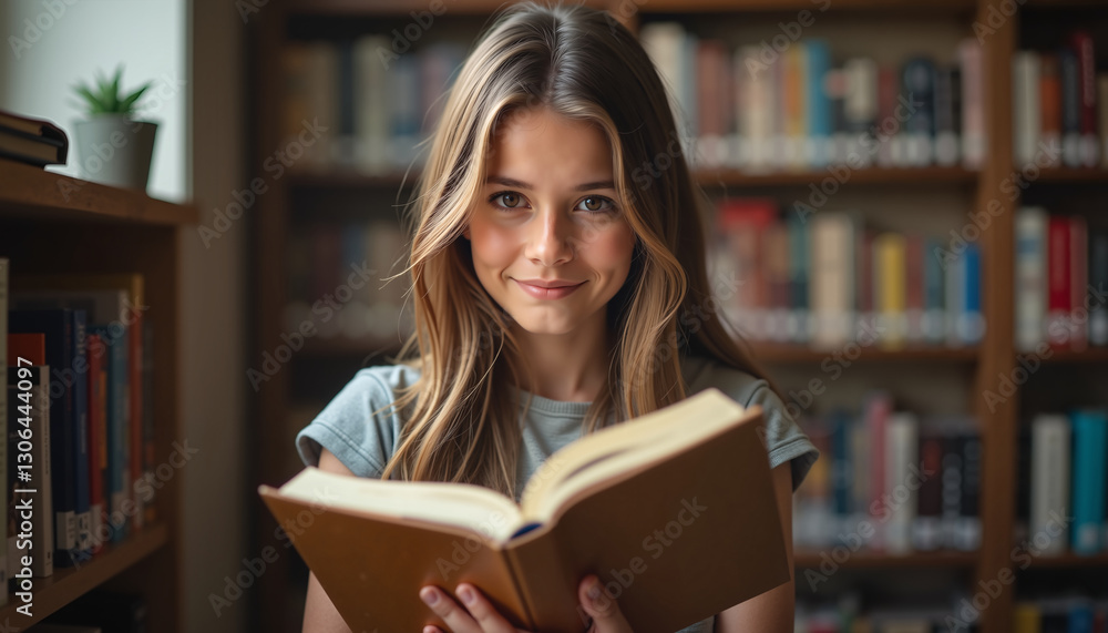 Smiling young woman reading a book in library, educational inspiration Smiling young woman reading a book in library, educational inspiration