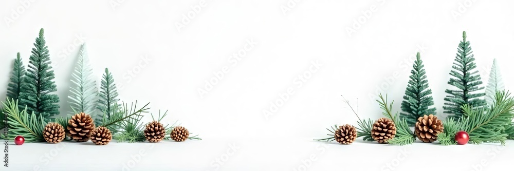 Fototapeta premium Clean white backdrop, stylized pine trees & cones, minimalist design , element, stock photo