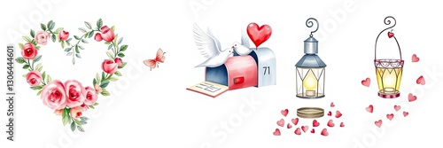 Romantic Valentine s Day Watercolor Illustration Roses Doves Mailbox Lanterns Hearts photo