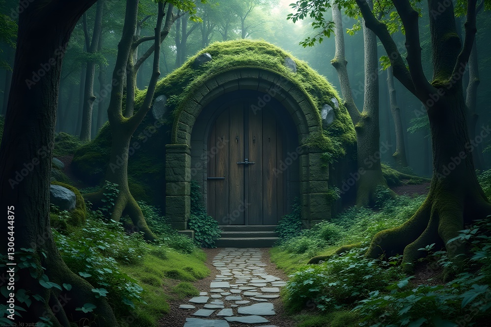 Obraz premium A mystical forest with an ancient stone door leading to another dimension.