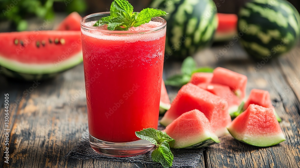 Refreshing Watermelon Juice Drink Garnished with Mint Leaves on Rustic Table Refreshing Watermelon Juice Drink Garnished with Mint Leaves on Rustic Table