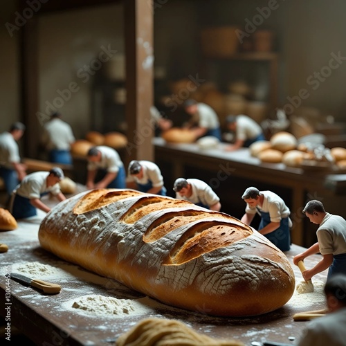 A candid, high-contrast photograph of a rustic, crusty French bread, roughly three feet long, sitting on a worn, wooden workbench, swarming with tiny, industrious workers - no taller than a few inches