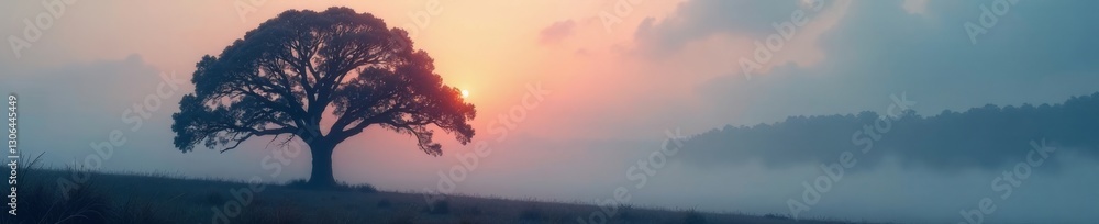 Fototapeta premium Enigmatic tree silhouette, thick fog obscures details, outdoors, design