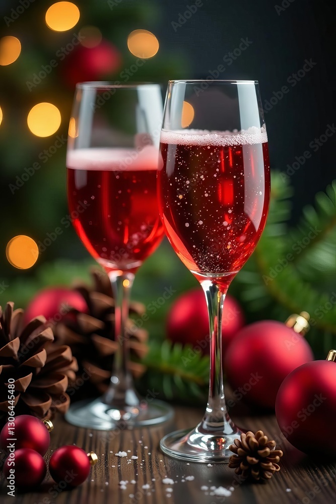 Festive sparkling wine, pine cones, ornaments, twinkling lights, gold, shine Festive sparkling wine, pine cones, ornaments, twinkling lights, gold, shine