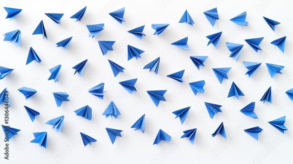 Blue paper airplanes in random pattern on white background Blue paper airplanes in random pattern on white background
