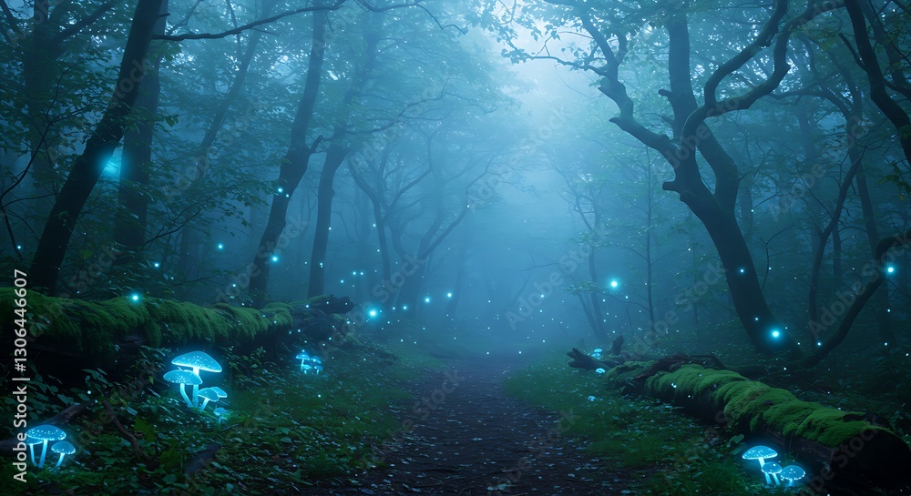 Fototapeta premium A mystical enchanted forest with glowing blue fireflies and foggy pathways.