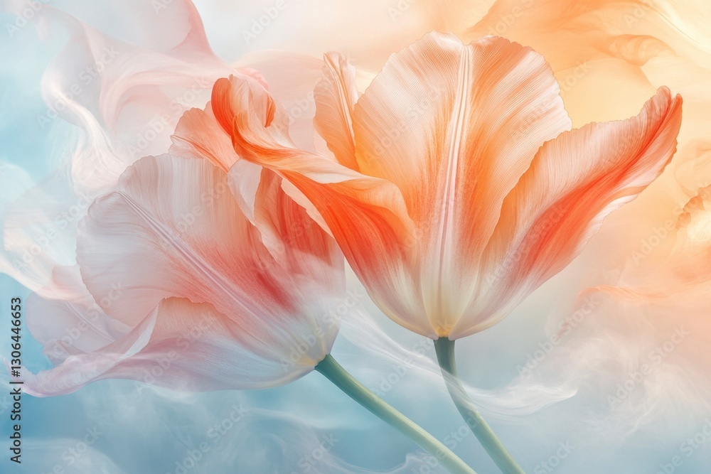 Fototapeta premium Two delicate peach-colored tulip blossoms unfurl against a backdrop of swirling blue and orange, creating a serene, artistic flora