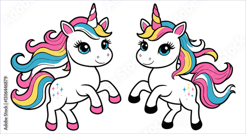 Magical cute cartoon unicorns vector art. Cute cartoon unicorns. Cute fantasy unicorns with pink hair and sparkly star vector. Fantasy unicorns with pink hair and glow star vector design