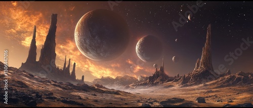 Surreal alien planet landscape with rocky mountains, planets, and stars in the sky Concept of science fiction, exploration, and fantasy