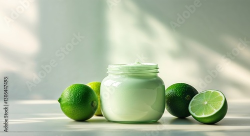 A jar of lime cream next to three limes on a table.