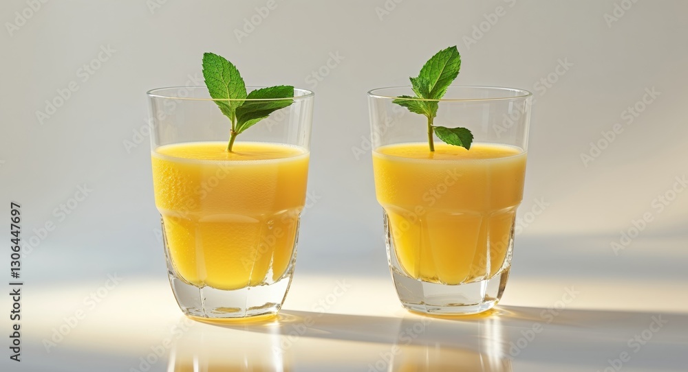 Two glasses of orange juice with a sprig of mint in the middle Two glasses of orange juice with a sprig of mint in the middle