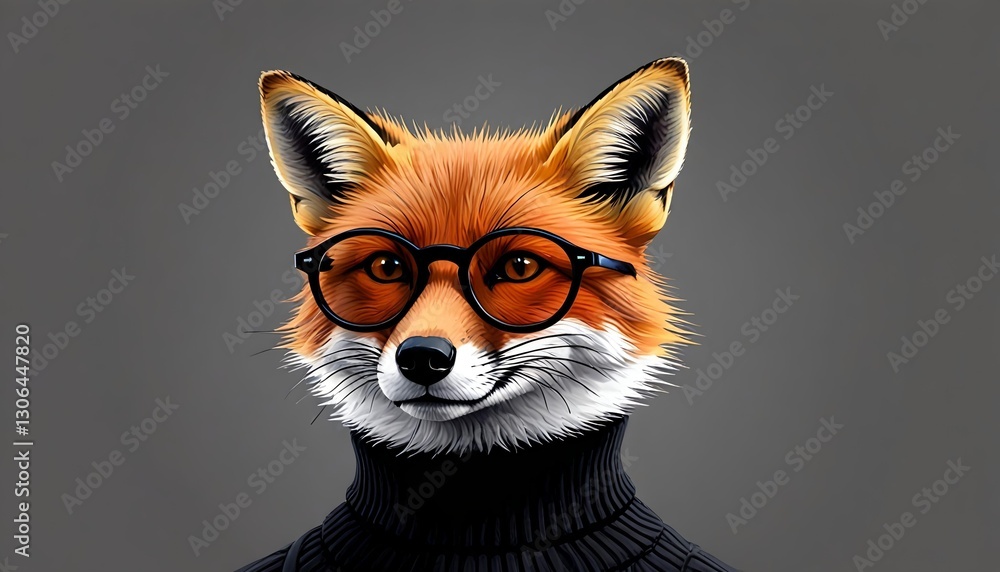 Obraz premium Sophisticated Fox in Black Turtleneck and Glasses – Stylish Anthropomorphic Portrait