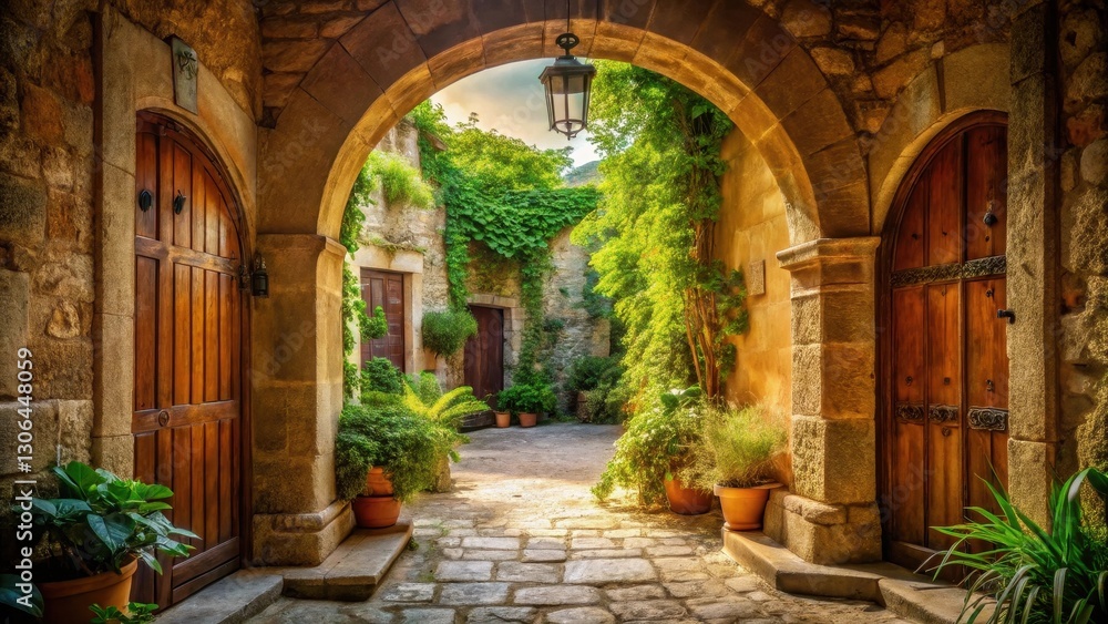 Sunlit Courtyard with Ancient Stone Archway and Ornate Wooden Doors Sunlit Courtyard with Ancient Stone Archway and Ornate Wooden Doors