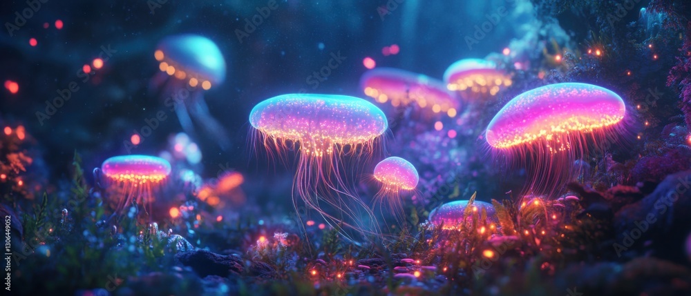 Bioluminescent jellyfish glowing in deep ocean, underwater marine life with vibrant colors Concept of nature, fantasy, and deep sea exploration Bioluminescent jellyfish glowing in deep ocean, underwater marine life with vibrant colors Concept of nature, fantasy, and deep sea exploration