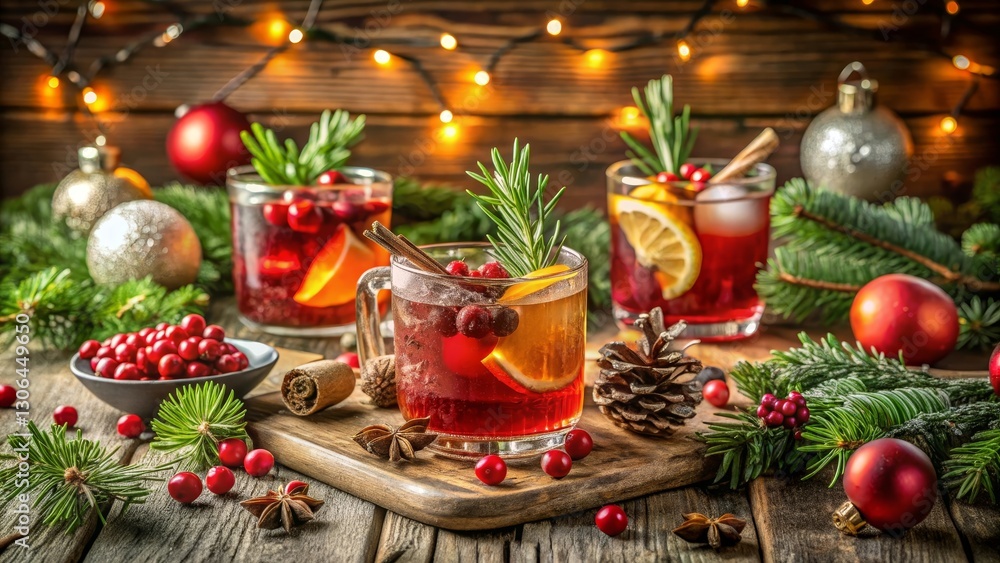 Festive Winter Cranberry Cocktail with Citrus and Spice Garnish on Rustic Wooden Table Festive Winter Cranberry Cocktail with Citrus and Spice Garnish on Rustic Wooden Table