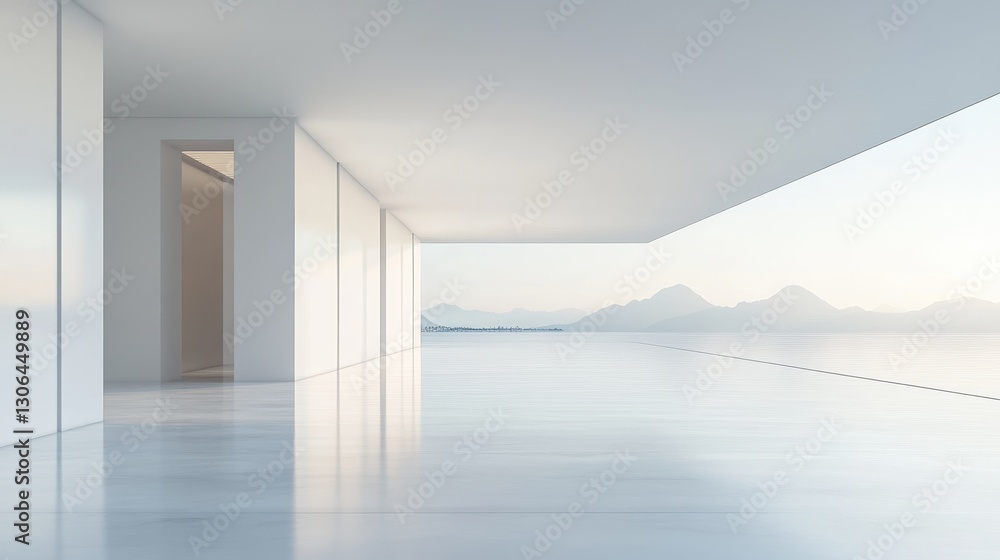 Obraz premium Minimalist modern interior with panoramic mountain view and open space design