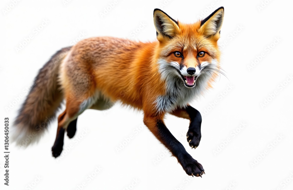 Obraz premium Funny fox jumping on transparent background. Full body shot of laughing orange mammal. Wild animal smile in motion. Cute fox character for advertising, book illustration or zoo safari promo.
