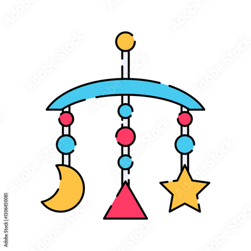 Baby Mobile Flat design style, hanging crib toy with stars and moon, symbolizing infant relaxation, great for nursery graphics, baby care promotions, and sleep-related designs.