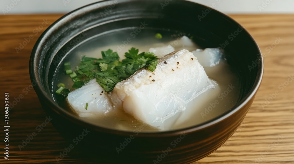 A steaming bowl of traditional fish soup with aromatic herbs, A steaming bowl of traditional fish soup with aromatic herbs,