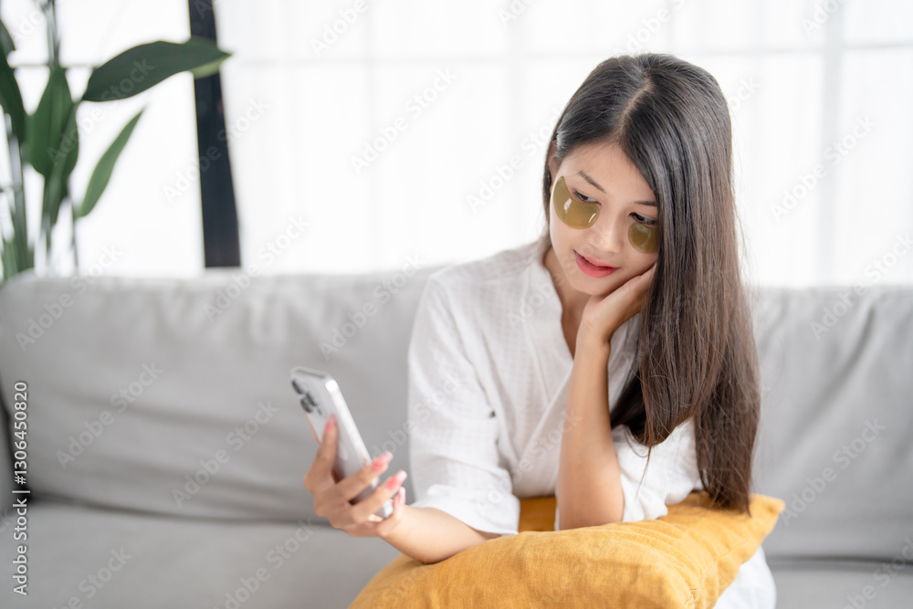 Daily beauty routine Asian woman self care and relax with silicone under eye patches smiling happy using skincare product Daily beauty routine Asian woman self care and relax with silicone under eye patches smiling happy using skincare product