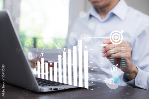 Concept financial transactions online, Group business and point at financial analyzing data while discussion, Businesspeople Point darts aiming at the target center business,Targeting the business.