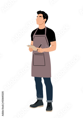Waiter young man in a black shirt and apron is writing on a piece of paper. Flat vector illustration isolated on transparent background
