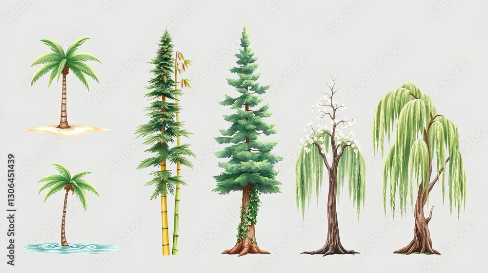 Obraz premium Tropical Temperate Trees Palm Fir Bamboo Willow Illustrations