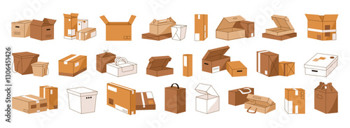 Set of cardboard boxes with different shapes and size for moving, carrying. Various open and closed carton packages, paper parcels for delivery. Flat isolated vector illustrations on white background