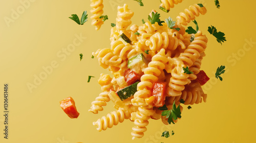 A floating vegan mac and cheese with spiral pasta, creamy cashew sauce, and a sprinkle of herbs for a delicious plant-based dish