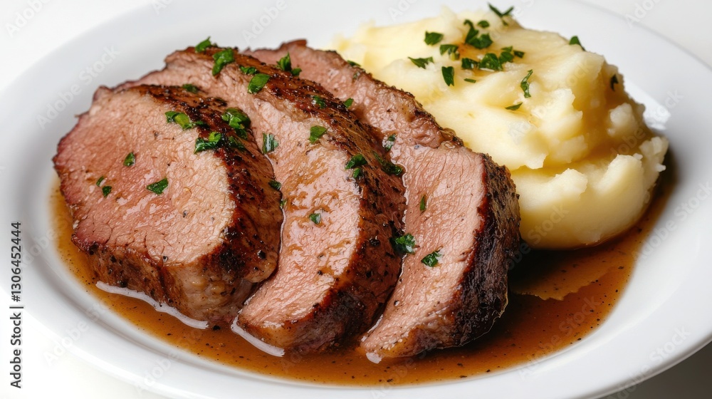 A plate of freshly sliced roast beef with a side of mashed potatoes and gravy, A plate of freshly sliced roast beef with a side of mashed potatoes and gravy,