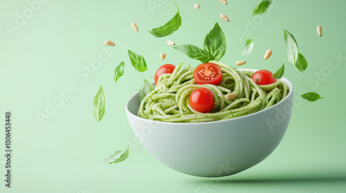A floating bowl of avocado pesto pasta topped with cherry tomatoes, fresh basil, and a light drizzle of olive oil for a flavorful vegan meal