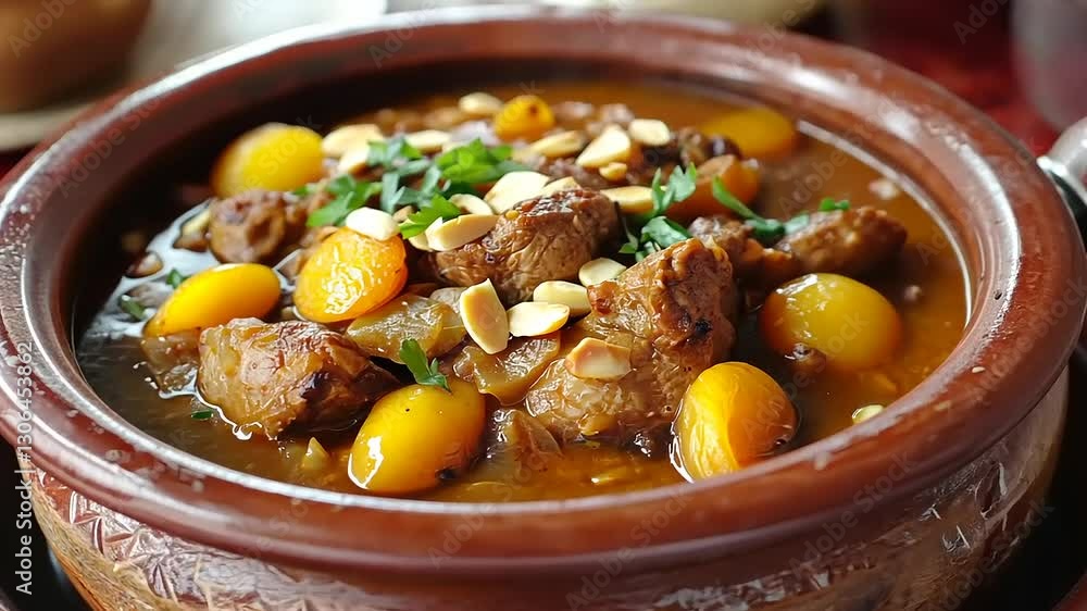 A delicious traditional stew served in a rustic bowl, garnished with nuts and herbs A delicious traditional stew served in a rustic bowl, garnished with nuts and herbs