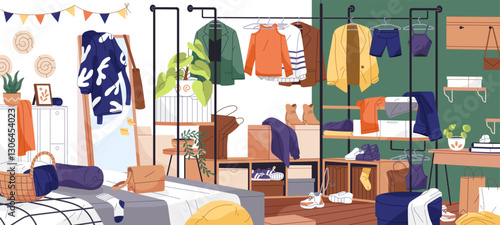 Closet clutter. Dirty room with scattered around clothes. Messy apartment with mess on hanger rack. Interior with disorder. Decluttering of wardrobe, organization of house. Flat vector illustration