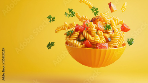 A floating vegan mac and cheese with spiral pasta, cashew cheese sauce, and a sprinkle of fresh herbs for a creamy, plant-based comfort dish