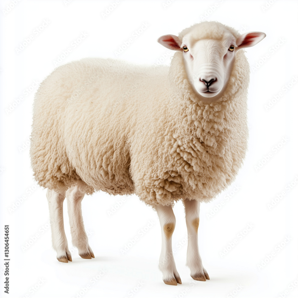 A fluffy white sheep standing calmly A fluffy white sheep standing calmly