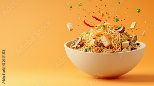 A floating bowl of rice noodles with saut?ed mushrooms, carrots, and spinach for a healthy and flavorful vegan meal