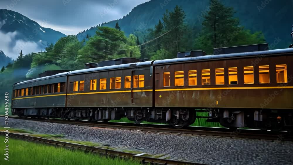 Passing Train in Rural Japan with Mountain Backdrop and Rice Field Passing Train in Rural Japan with Mountain Backdrop and Rice Field