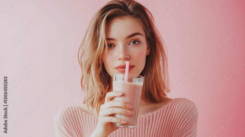 A woman drinking a smoothie with a straw, looking refreshed on a white background A woman drinking a smoothie with a straw, looking refreshed on a white background