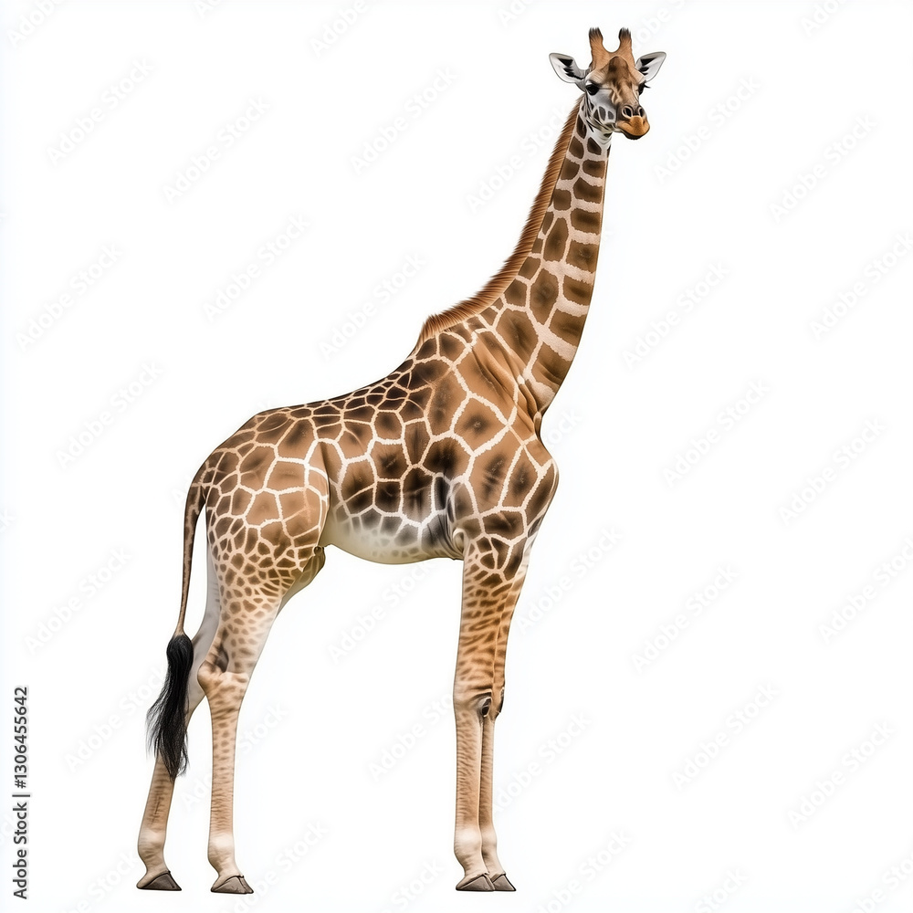 Fototapeta premium A tall giraffe with distinctive patterns on a white background