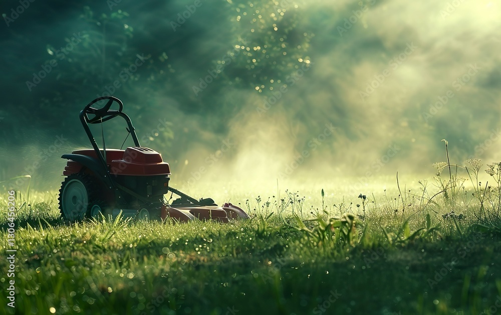 Fototapeta premium Morning mist surrounds a lawn mower on freshly cut grass in a tranquil outdoor setting